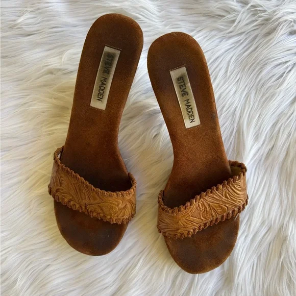 Steve Madden Donna Leather Slide Sandals Brown Wood Heel Boho Mules Size 8.5 - Picture 2 of 7